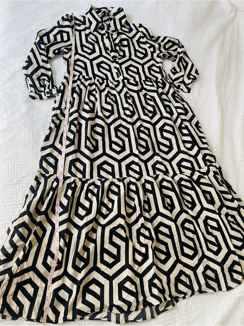 Zara Black and Cream Geometric Tiered Maxi Dress